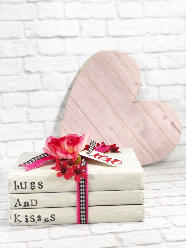 Valentine's Day Book Stack a Dollar Tree DIY by Creatively Beth #creativelybeth #teamcreativecrafts #bookstack #dollartreecrafts #valentinesdaycrafts