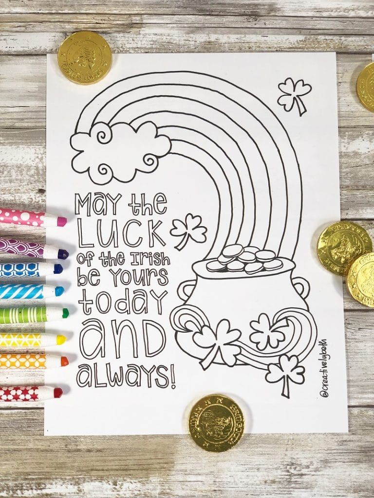 Free St. Patrick's Day Coloring Pages Hand Drawn by Creatively Beth #creativelybeth #stpatricksday #freeprintable #freecoloringpage